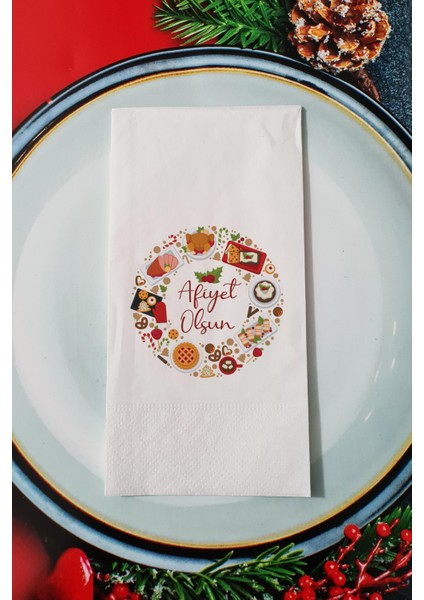 Afiyet Olsun Yazılı Yılbaşı Yemeklerim Yeni Yıl Sunum Peçetesi