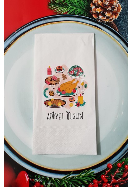 Afiyet Olsun Yazılı Yılbaşı Ziyafeti Yeni Yıl Sunum Peçetesi