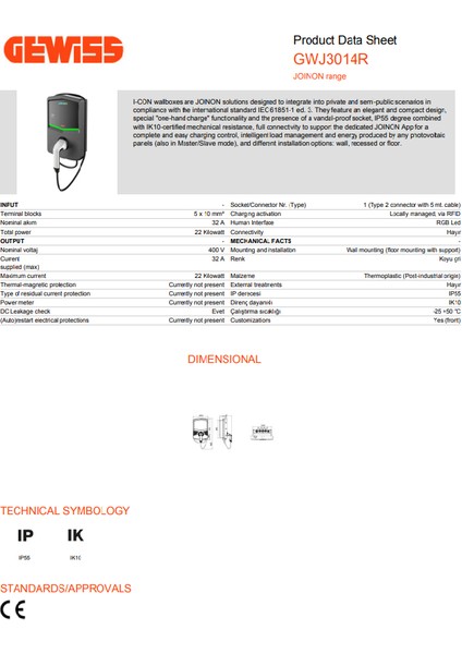 GWJ3014R  I-Con  - Rfıd - Type 2 - 22 Kw - IP55  5 mt Kablolu Sarj Istasyonu