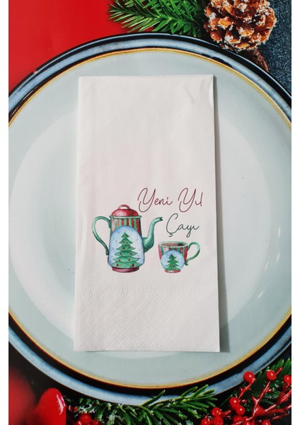 Yeni Yıl Çayı Yazılı Yılbaşı Desenli Yeni Yıl Sunum Peçetesi