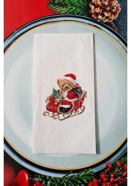 Kızaklı Teddy Bear Desenli Yılbaşı - Yeni Yıl Sunum Peçetesi