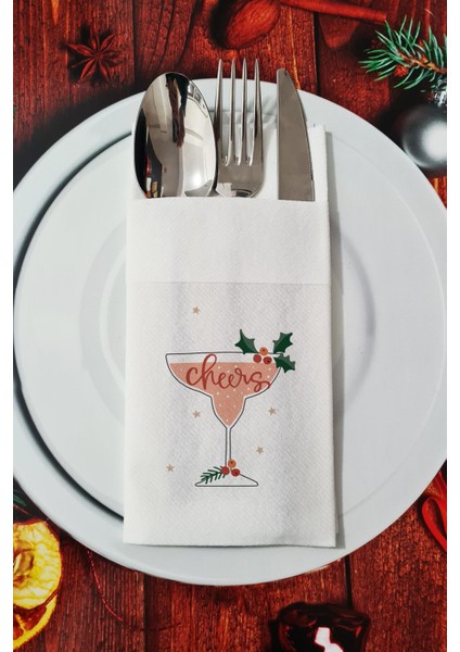 Kumaş Dokulu Cheers Kokteyl Yılbaşı - Yeni Yıl Sunum Peçetesi