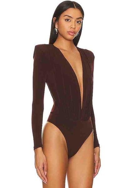 By Kul Design Bykuldesign Kadın Kahverengi Derin Dekolte Bodysuit