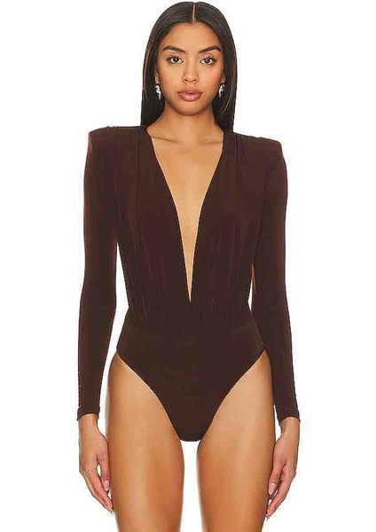 By Kul Design Bykuldesign Kadın Kahverengi Derin Dekolte Bodysuit