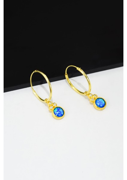 925 Ayar Gümüş Gold Kaplama Mavi Opal Yuvarlak Halka Küpe