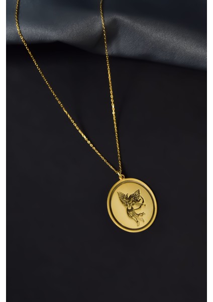 925 Ayar Gümüş Gold Kaplama Aşk Okunu Atan Eros Çizimli Plaka Kolye