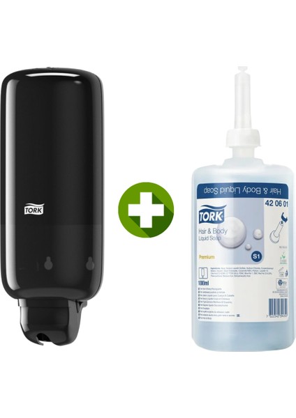1 Ad. Tork Sıvı Sabun Dispenseri Siyah 560008 + 1 Litre Tork Sıvı Sabun Premium Hediyeli