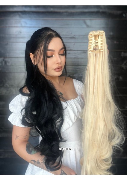 Tak ve Çık Postiş Tokalı Dalgalı At Kuyruğu - Platin 80CM