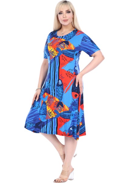Butik Sax Balık Desen Kısa Kollu Büyük Beden Midi Elbise