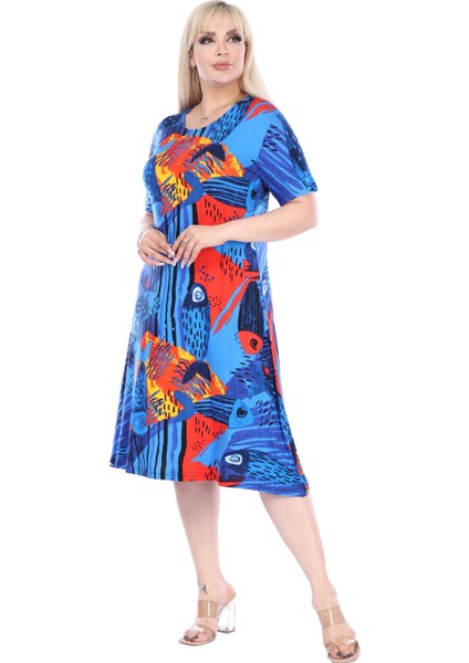 Butik Sax Balık Desen Kısa Kollu Büyük Beden Midi Elbise