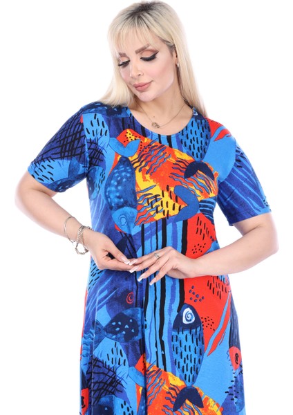 Butik Sax Balık Desen Kısa Kollu Büyük Beden Midi Elbise