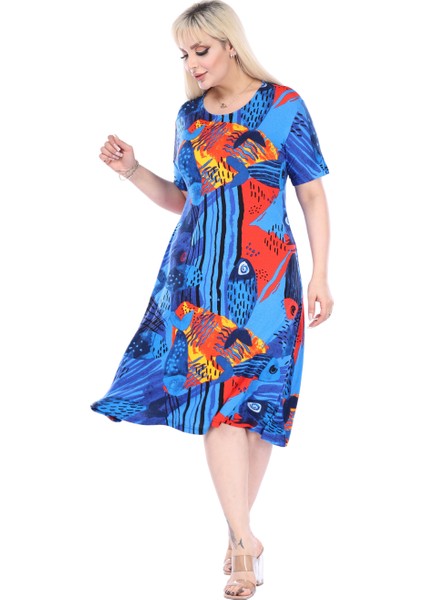 Butik Sax Balık Desen Kısa Kollu Büyük Beden Midi Elbise