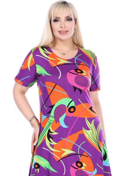 Butik Mor Balık Desen Kısa Kollu Büyük Beden Midi Elbise