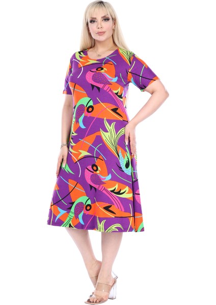 Butik Mor Balık Desen Kısa Kollu Büyük Beden Midi Elbise
