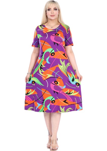Butik Mor Balık Desen Kısa Kollu Büyük Beden Midi Elbise fiyatları