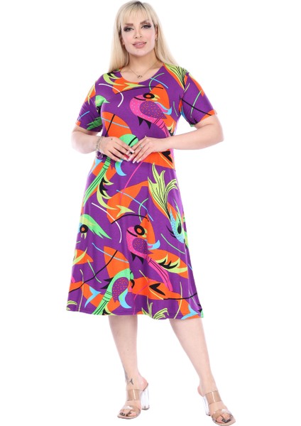 Butik Mor Balık Desen Kısa Kollu Büyük Beden Midi Elbise modelleri