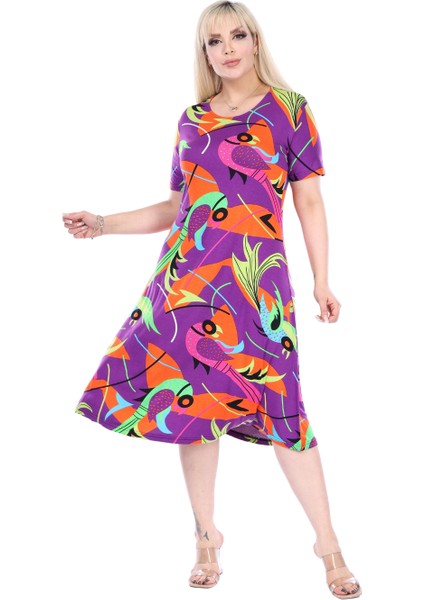 Butik Mor Balık Desen Kısa Kollu Büyük Beden Midi Elbise fırsatları