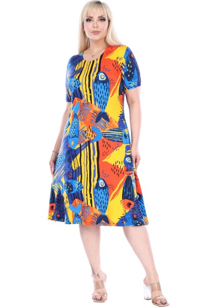 Butik Sarı Balık Desen Kısa Kollu Büyük Beden Midi Elbise fiyatları