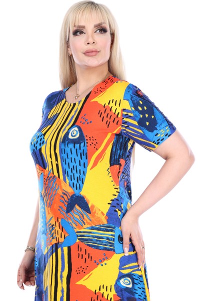 Butik Sarı Balık Desen Kısa Kollu Büyük Beden Midi Elbise modelleri