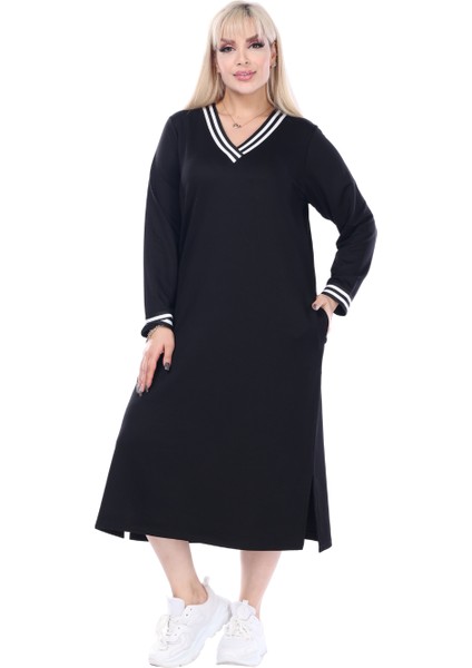 Butik Siyah Yakası Şeritli V Yaka Sweat Büyük Beden Elbise