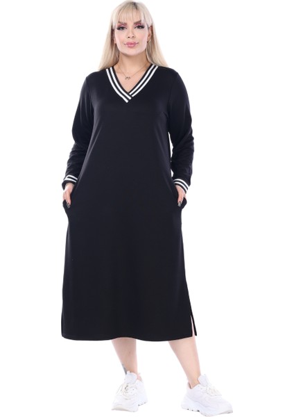Butik Siyah Yakası Şeritli V Yaka Sweat Büyük Beden Elbise fiyatları