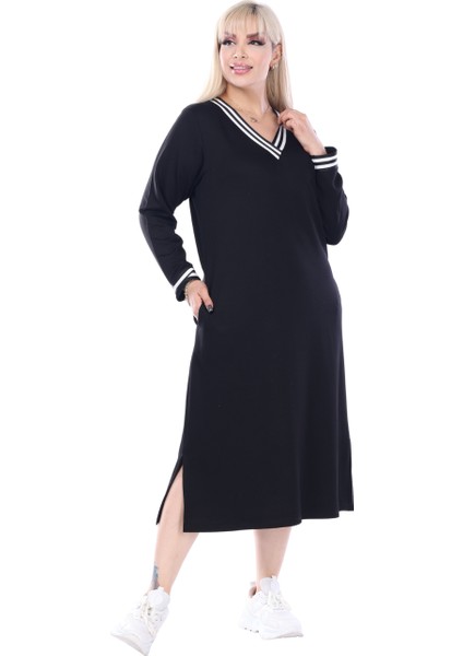 Butik Siyah Yakası Şeritli V Yaka Sweat Büyük Beden Elbise fırsatları