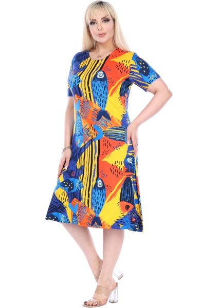 Butik Sarı Balık Desen Kısa Kollu Büyük Beden Midi Elbise