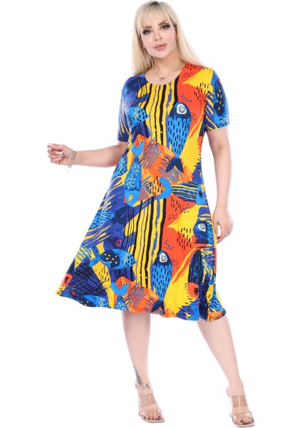 Butik Sarı Balık Desen Kısa Kollu Büyük Beden Midi Elbise indirimleri
