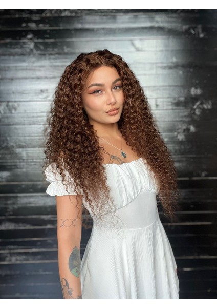 Uzun Afro Dalgalı Yoğun Kıvırcık Gerçek Saç Tül Peruk Kahve