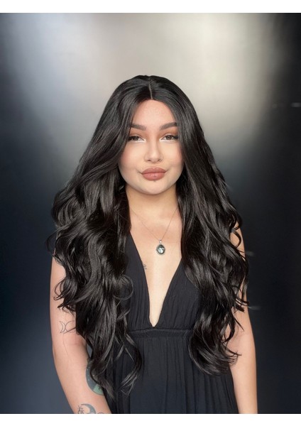 Su Dalgası Fiber Sentetik Tül Peruk - Koyu Kestane Suzan Peruk