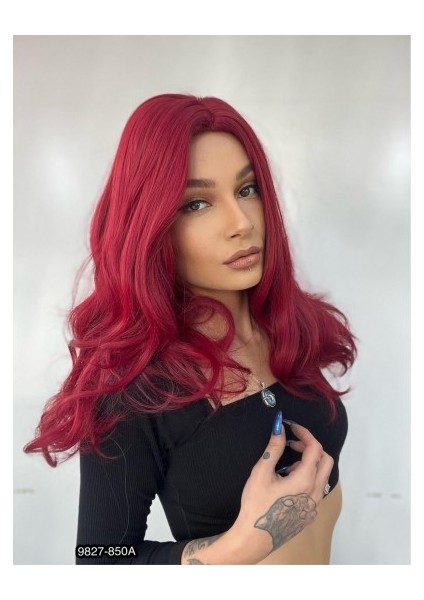 Kahkülsüz Fiber Sentetik Orta Boy Dalgalı Peruk - Kızıl