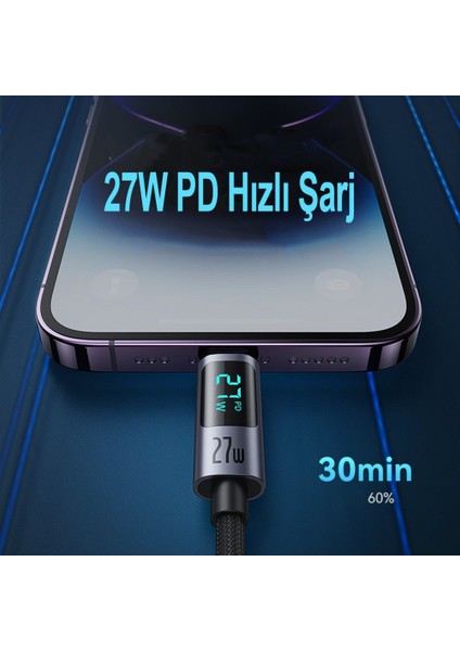 Apple Iphone 12 Pro Şarj Kablosu Lightning 1.2m 27W Dijital Göstergeli