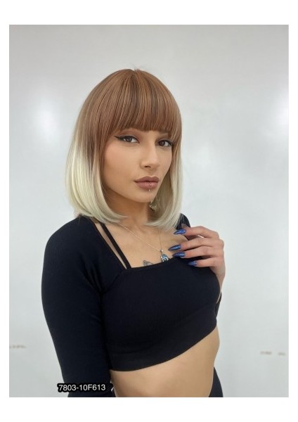 Kısa Küt Perçemli Fiber Sentetik Peruk - Kumral / Platin Ombreli