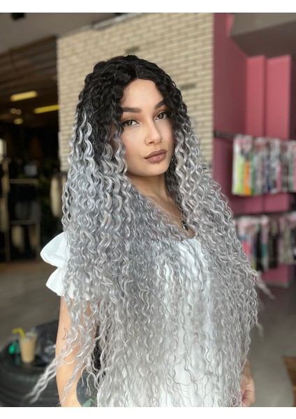 Afro Dalga Fiber Sentetik Tül Peruk - Siyah / Gri Ombreli