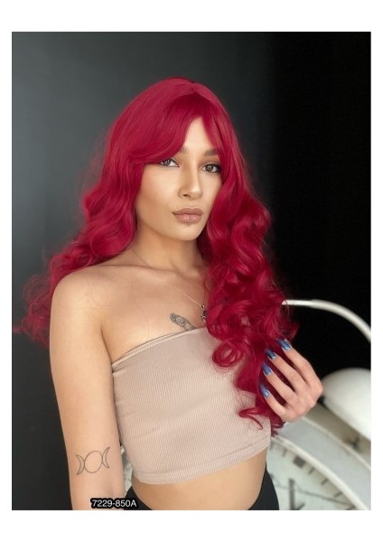 Dalgalı Perçemli Uzun Fiber Sentetik Peruk - Kızıl