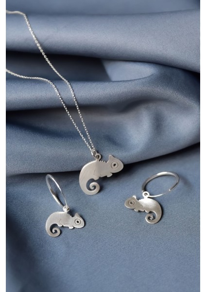 925 Ayar Gümüş Rodyum Kaplama Sevimli Bukalemun Kolye ve Küpe Set