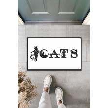 Stok Shop Dijital Baskı Kalitesi  Beyaz Kedilerle Bezenmiş Cats Yazılı  Dekoratif Kapı  Paspası
