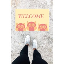 Stok Shop Dijital Baskı Pembe Dış ve Iç Mekan Üç Baykuş Desen Kapı Önü Paspası