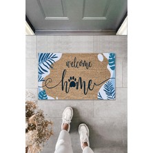Dijital Baskı Kalitesi  Kahverengi Mavi Yapraklı Welcome Home  Dekoratif Kapı  Paspası