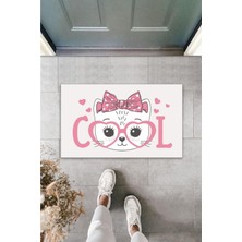 Dijital Baskı Kalitesi  Beyaz Cool Pembe Gözlüklü Fiyonklu Kedi  Dekoratif Kapı  Paspası