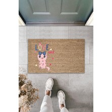 Stok Shop Dijital Baskı Kalitesi  Kahverengi Love Yazılı Fiyonklu Pembe Kedili  Dekoratif Kapı  Paspası