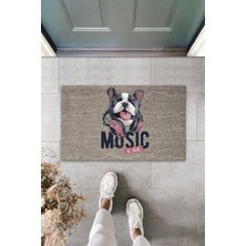 Stok Shop Dijital Baskı Kalitesi  Gri Music Yazılı Kulaklıklı Köpek  Dekoratif Kapı  Paspası