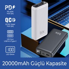 Bix BXPB204 20000MAH Usb-A 22.5W ve Type-C Pd 20W Çift Çıkışlı LED Ekranlı Powerbank Siyah