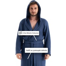 Unisex Kapşonlu 4 Kat Müslin Bornoz - Lacivert