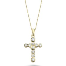 Online Takı Altın Sıra Taşlı Modern Haç Kolye