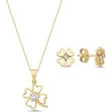 Online Takı Altın Dört Yapraklı Yonca Kolye ve Küpe