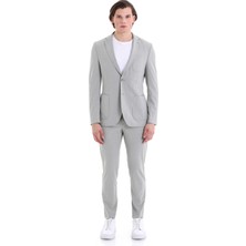 HTML Gri Slim Fit Çizgili Mono Yaka Klasik Takım Elbise