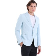 Saykı Mavi Slim Fit Düz Mono Yaka Klasik Keten Ceket