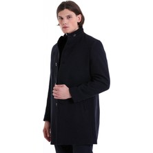 HTML Lacivert Slim Fit Desenli Hakim Yaka Yünlü Kaşe Palto