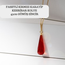 Amber By Mazukna Karayip Damla Kehribar Kolye, Kırmızı Fasetli Damla Kesim Gümüş Altın Kaplama 45 cm Zincir